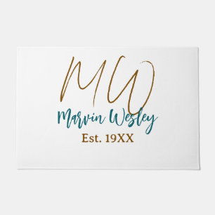 Monogram brown blue turquoise est.year simple mini doormat