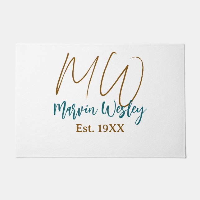 Monogram brown blue turquoise est.year simple mini doormat (Front)
