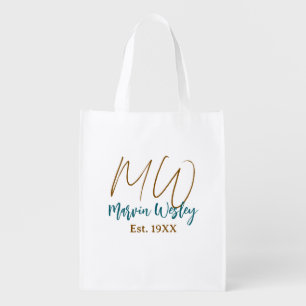 Monogram brown blue turquoise est.year simple mini grocery bag