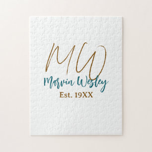 Monogram brown blue turquoise est.year simple mini jigsaw puzzle