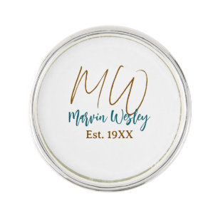 Monogram brown blue turquoise est.year simple mini lapel pin
