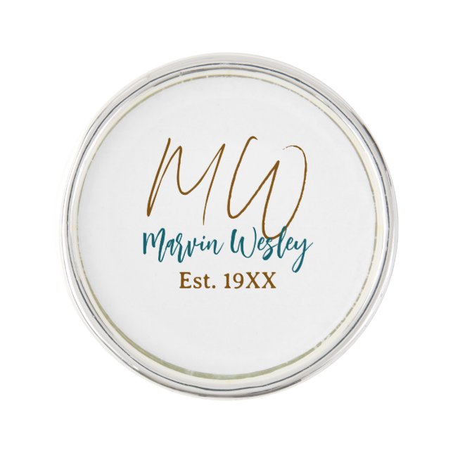 Monogram brown blue turquoise est.year simple mini lapel pin (Front)
