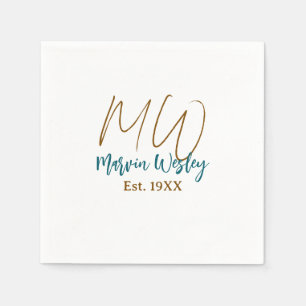 Monogram brown blue turquoise est.year simple mini napkins