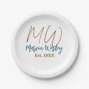 Monogram brown blue turquoise est.year simple mini paper plates