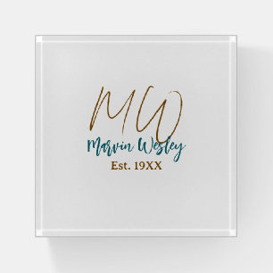 Monogram brown blue turquoise est.year simple mini paperweight