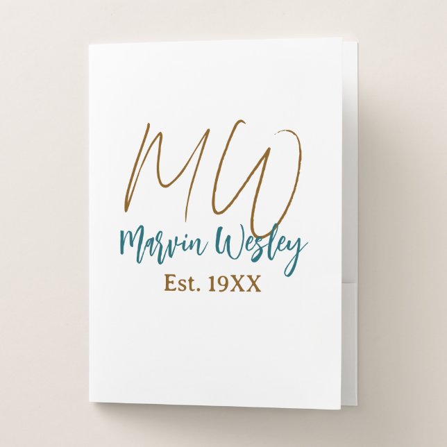 Monogram brown blue turquoise est.year simple mini pocket folder (Front)