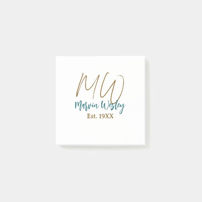 Monogram brown blue turquoise est.year simple mini post-it notes (Front)