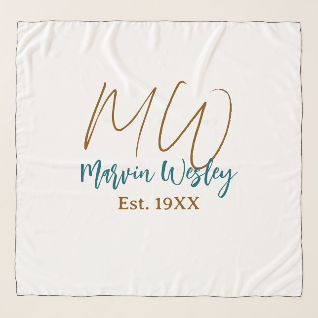 Monogram brown blue turquoise est.year simple mini scarf (Front)