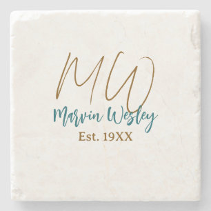Monogram brown blue turquoise est.year simple mini stone coaster