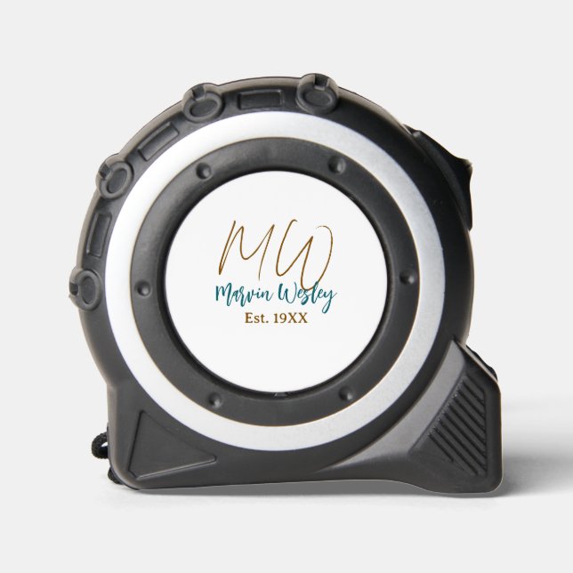 Monogram brown blue turquoise est.year simple mini tape measure (Front)