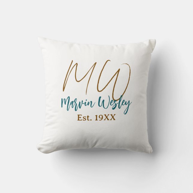 Monogram brown blue turquoise est.year simple mini throw pillow (Front)