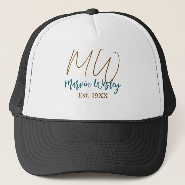 Monogram brown blue turquoise est.year simple mini trucker hat (Front)