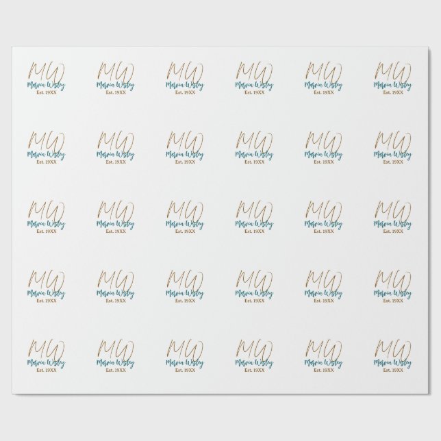 Monogram brown blue turquoise est.year simple mini wrapping paper (Flat)