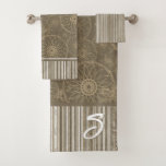 Monogram Brown Boho Pattern and White Stripes Bath Towel Set