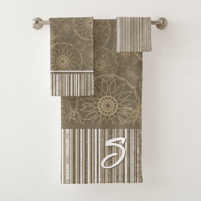 Monogram Brown Boho Pattern and White Stripes Bath Towel Set (Insitu)