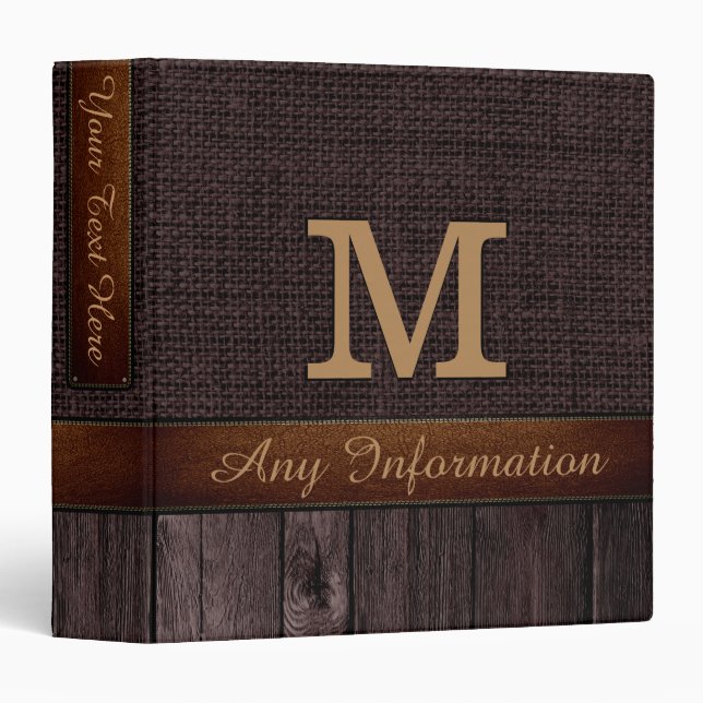 Monogram Brown Burlap Rustic Jute Look Wood Binder (Front/Spine)