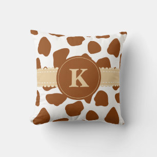 Monogram Brown Cow Print Throw Pillow