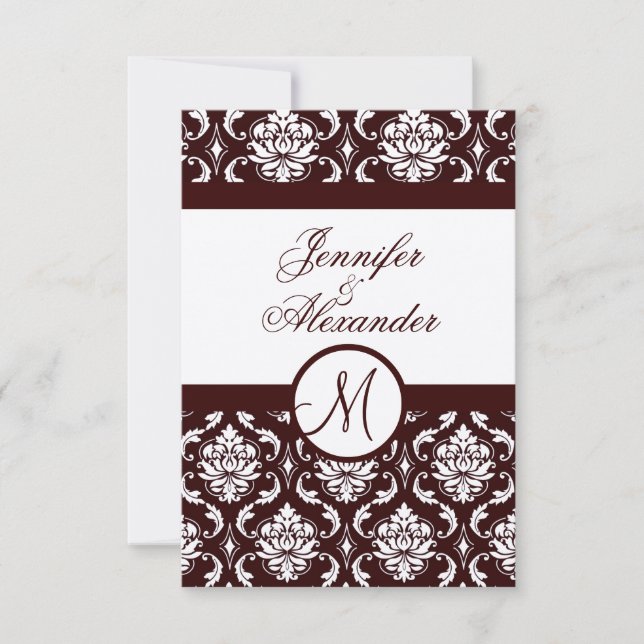 Monogram Brown Damask RSVP Card on Felt Paper (Front)