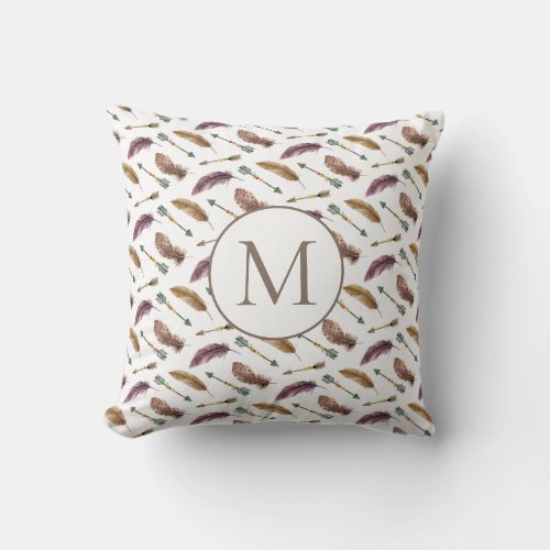 Monogram Brown Feathers and Arrows Boho Style Throw Pillow