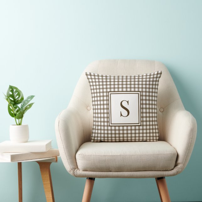 Monogram Brown Gingham Throw Pillow (Chair)