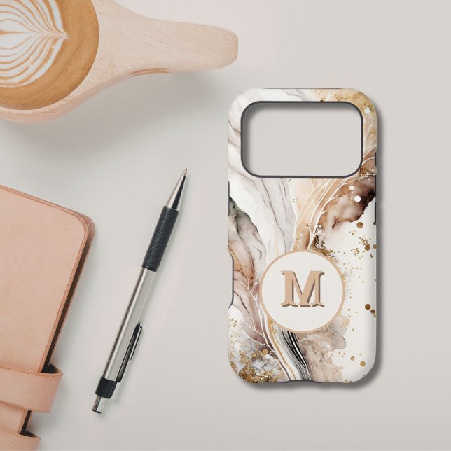 Monogram Brown Gold Marble Luxe Abstract Design iPhone Case (Creator Uploaded)