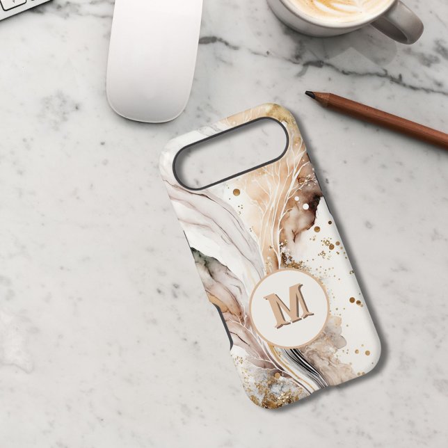 Monogram Brown Gold Marble Luxe Abstract Design iPhone Case (Creator Uploaded)