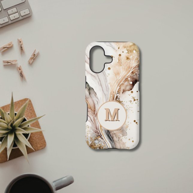 Monogram Brown Gold Marble Luxe Abstract Design iPhone Case (Creator Uploaded)