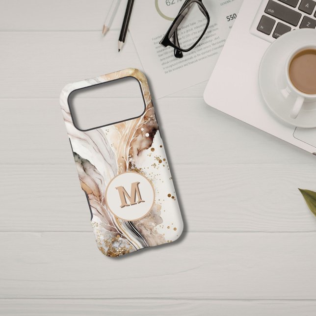 Monogram Brown Gold Marble Luxe Abstract Design iPhone Case (Creator Uploaded)