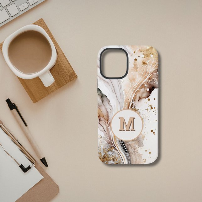Monogram Brown Gold Marble Luxe Abstract Design iPhone Case (Creator Uploaded)