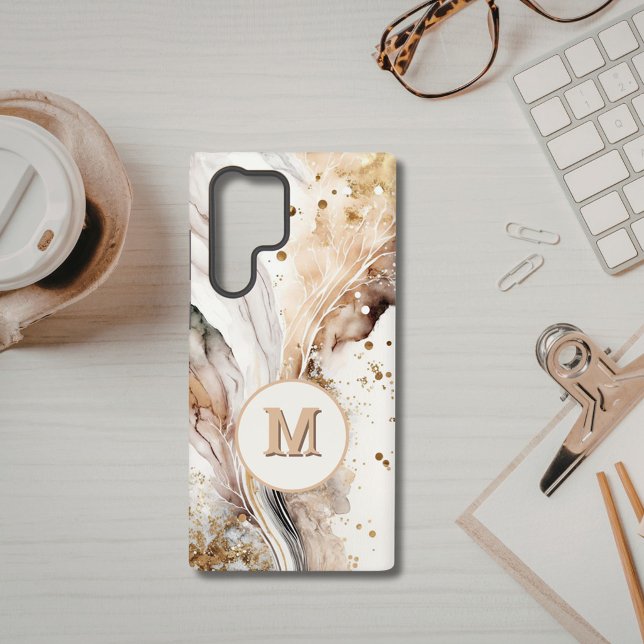 Monogram Brown Gold Marble Luxe Abstract Design Samsung Galaxy Case (Creator Uploaded)