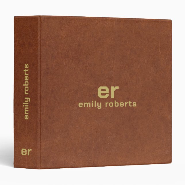 Monogram Brown Leather Gold Typography 3 Ring Binder (Front/Spine)