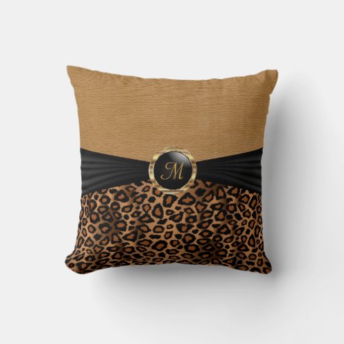 Monogram Brown Leopard Animal  Burlap Pattern Throw Pillow