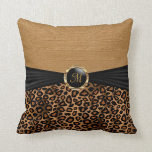 Monogram Brown Leopard Animal & Burlap Pattern Throw Pillow