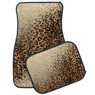 Monogram Brown Leopard & Gold Glitter  Car Floor Mat