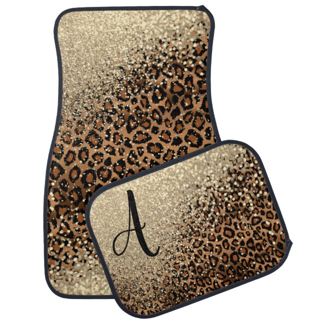 Monogram Brown Leopard & Gold Glitter Car Floor Mat (Set)