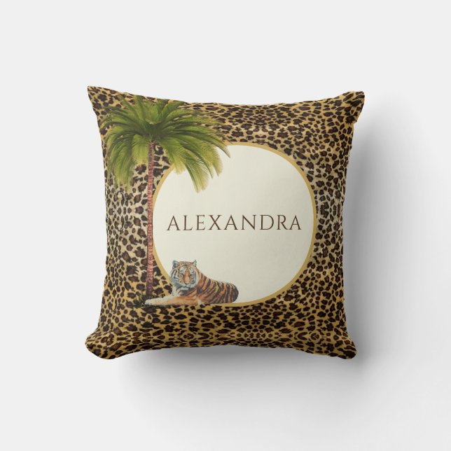 Monogram Brown Leopard Pattern  Elegant Palm Throw Pillow (Front)