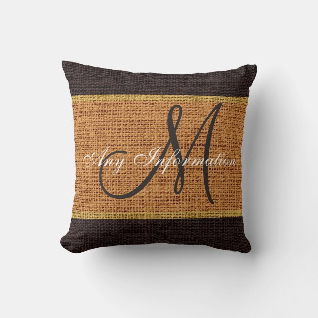 Monogram Brown Rustic Burlap Jute Throw Pillow (Front)