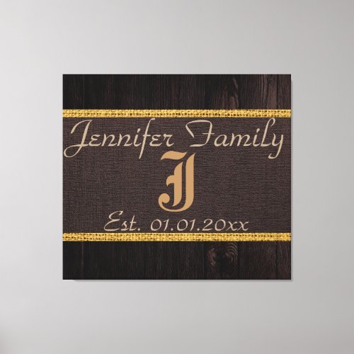 Monogram Brown Rustic Burlap Linen Wood Look Canvas Print