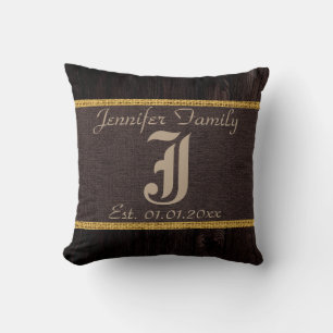 Monogram Brown Rustic Burlap Linen Wood Look Throw Pillow