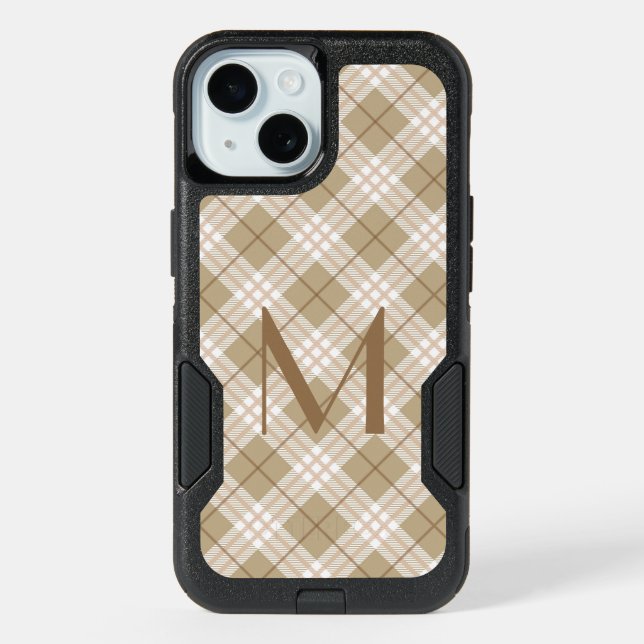 Monogram Brown Tan Beige Buffalo Plaid Otterbox iPhone 15 Case (Back)