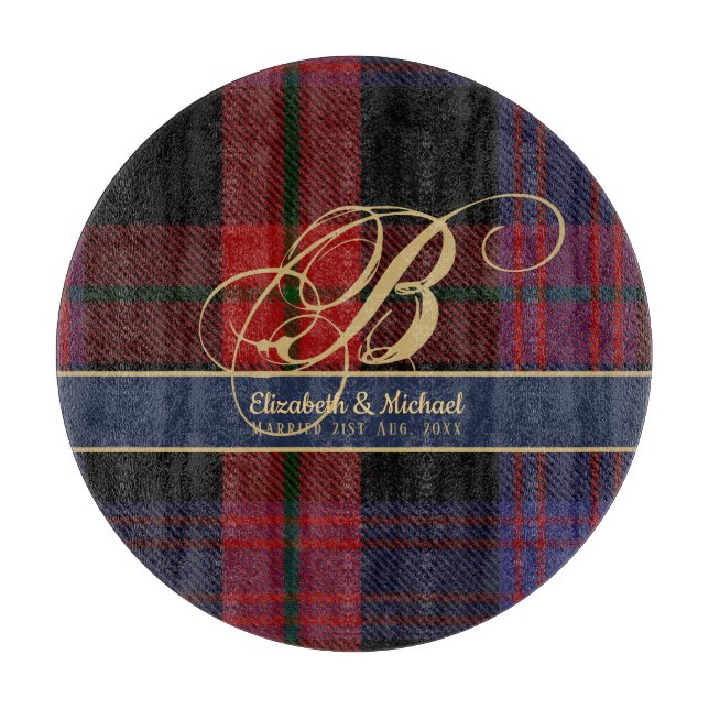 Monogram BROWN Tartan Blue Red Newlyweds Wedding Cutting Board (Front)