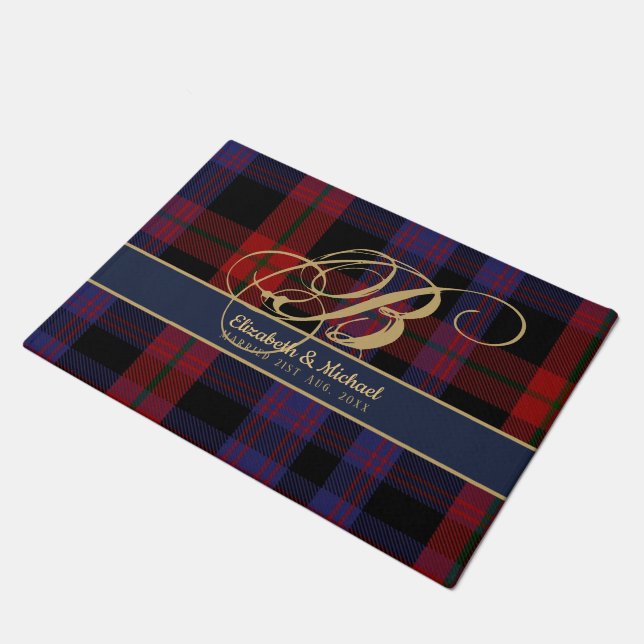 Monogram BROWN Tartan Blue Red Newlyweds Wedding Doormat (Angled)