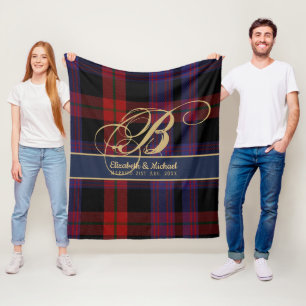 Monogram BROWN Tartan Blue Red Newlyweds Wedding Fleece Blanket