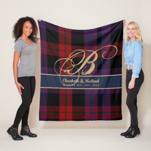 Monogram BROWN Tartan Blue Red Newlyweds Wedding Fleece Blanket