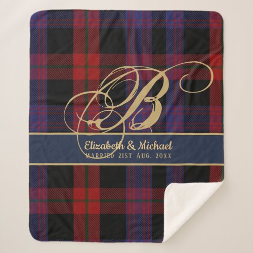 Monogram BROWN Tartan Blue Red Newlyweds Wedding Sherpa Blanket