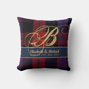 Monogram BROWN Tartan Blue Red Newlyweds Wedding Throw Pillow