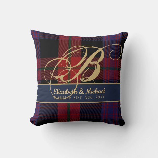 Monogram BROWN Tartan Blue Red Newlyweds Wedding Throw Pillow (Front)