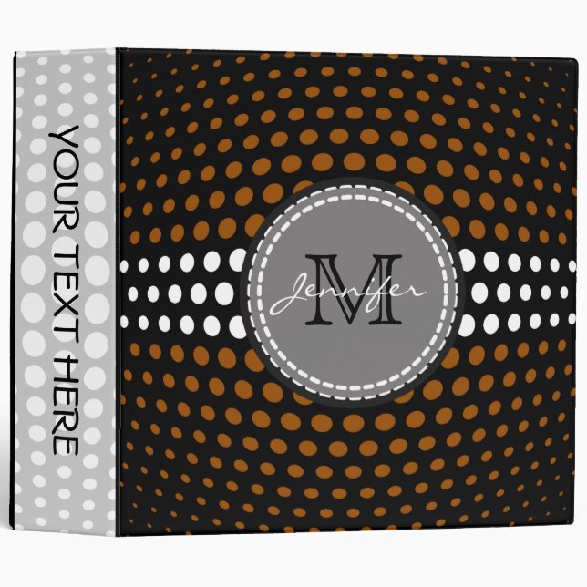 Monogram Brown & White Polka Dots Pattern 3 Ring Binder (Front/Spine)
