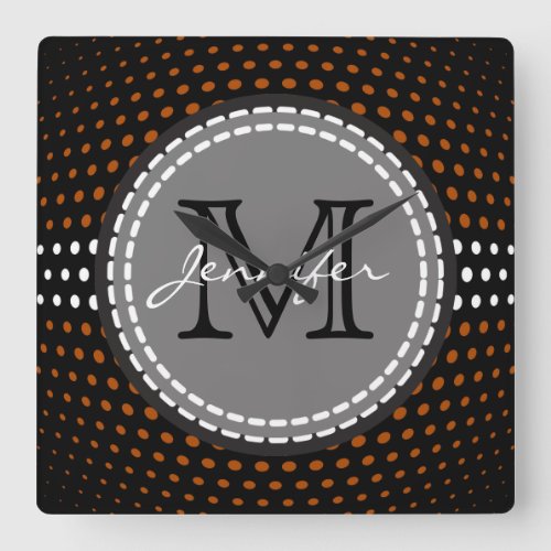 Monogram Brown  White Polka Dots Pattern Square Wall Clock