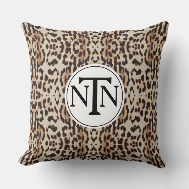 Monogram Brown Wild Leopard Print Throw Pillow (Front)